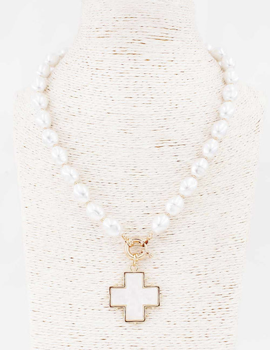 Pearl Acrylic Beaded with Pearlized White Cross 18" Necklace
