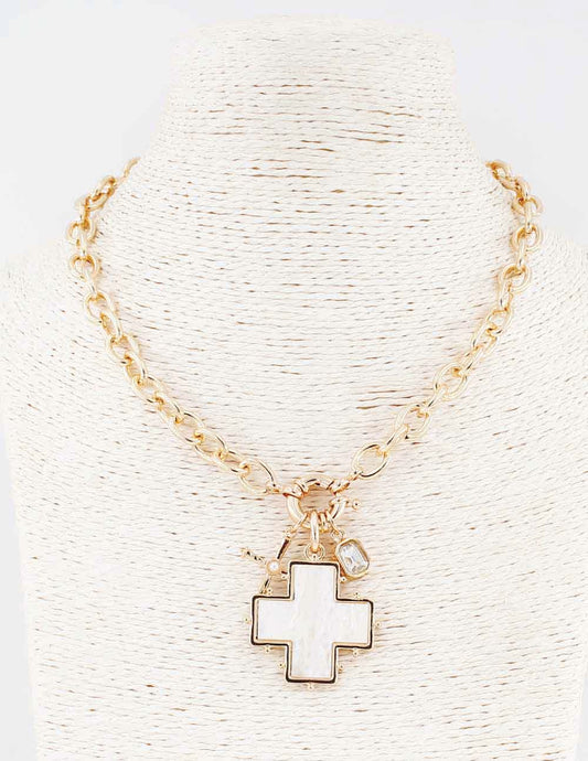 Gold Textured Chain with Pearlized Cross and Crystal Charms 16"-18" Necklace
