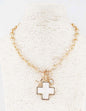 Gold Textured Chain with Pearlized Cross and Crystal Charms 16"-18" Necklace