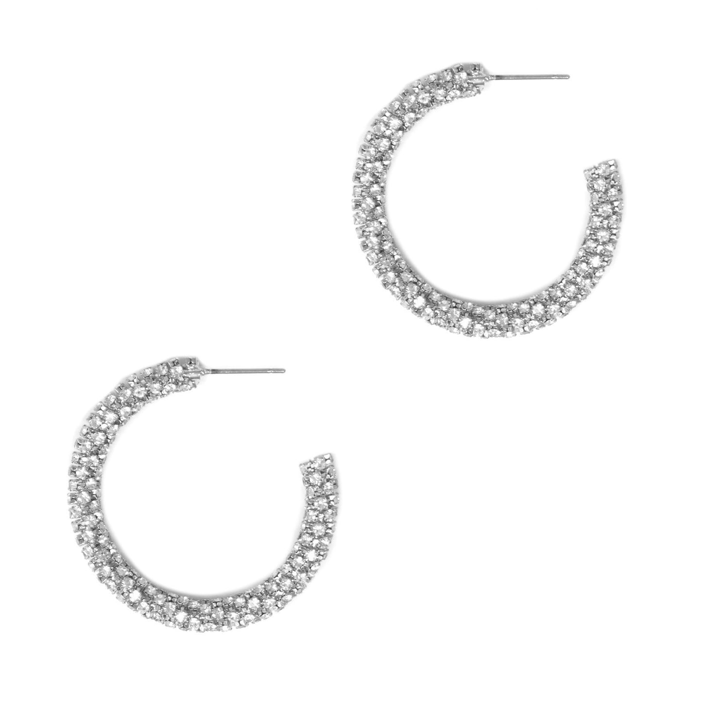 Silver Rhinestone Textured Hoop 1.5" Earring