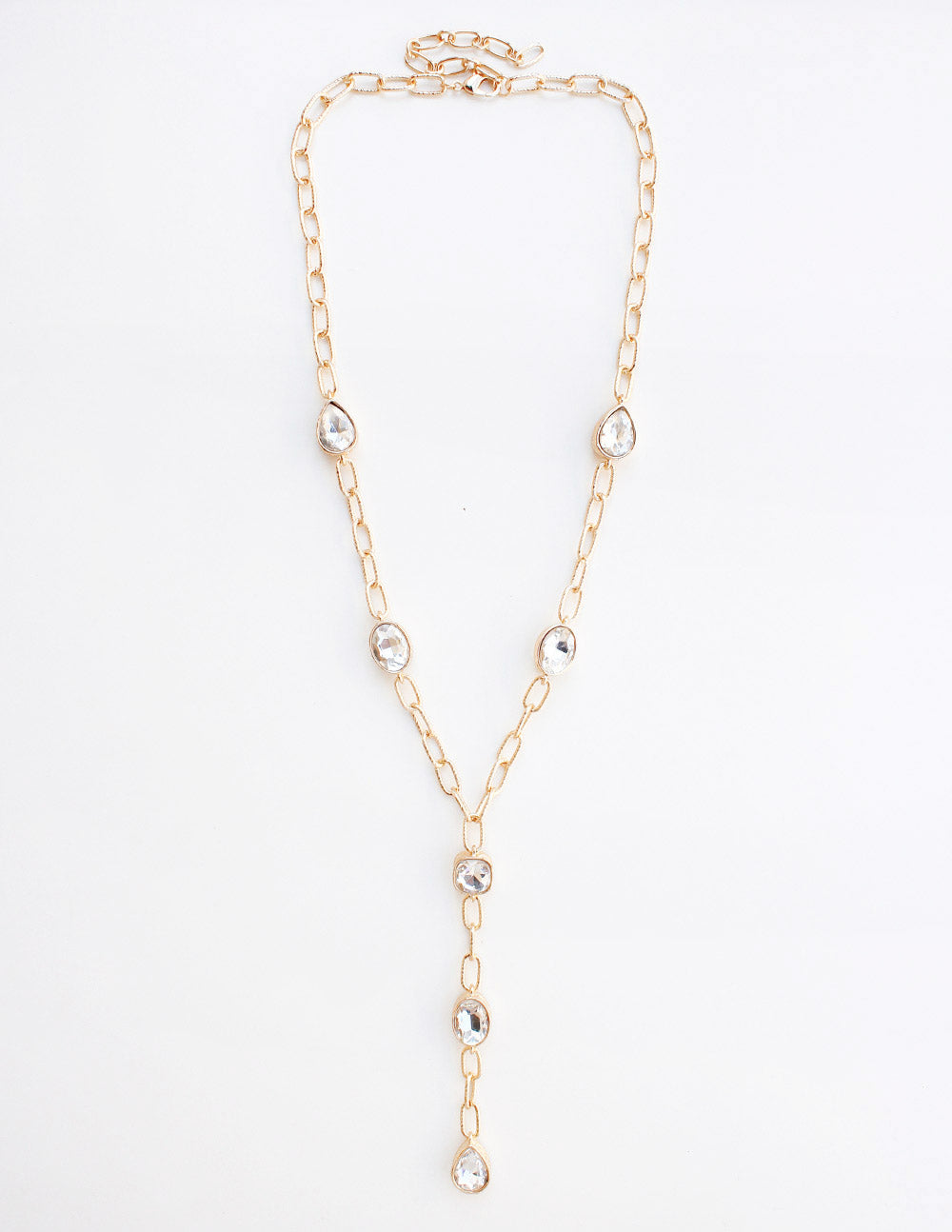 Gold Chain with Open Clear Crystal Oval Y Drop Necklace