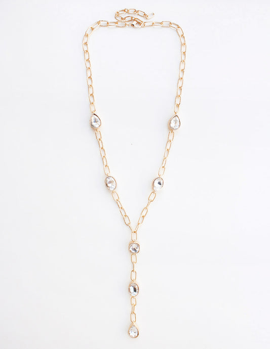 Gold Chain with Open Clear Crystal Oval Y Drop Necklace