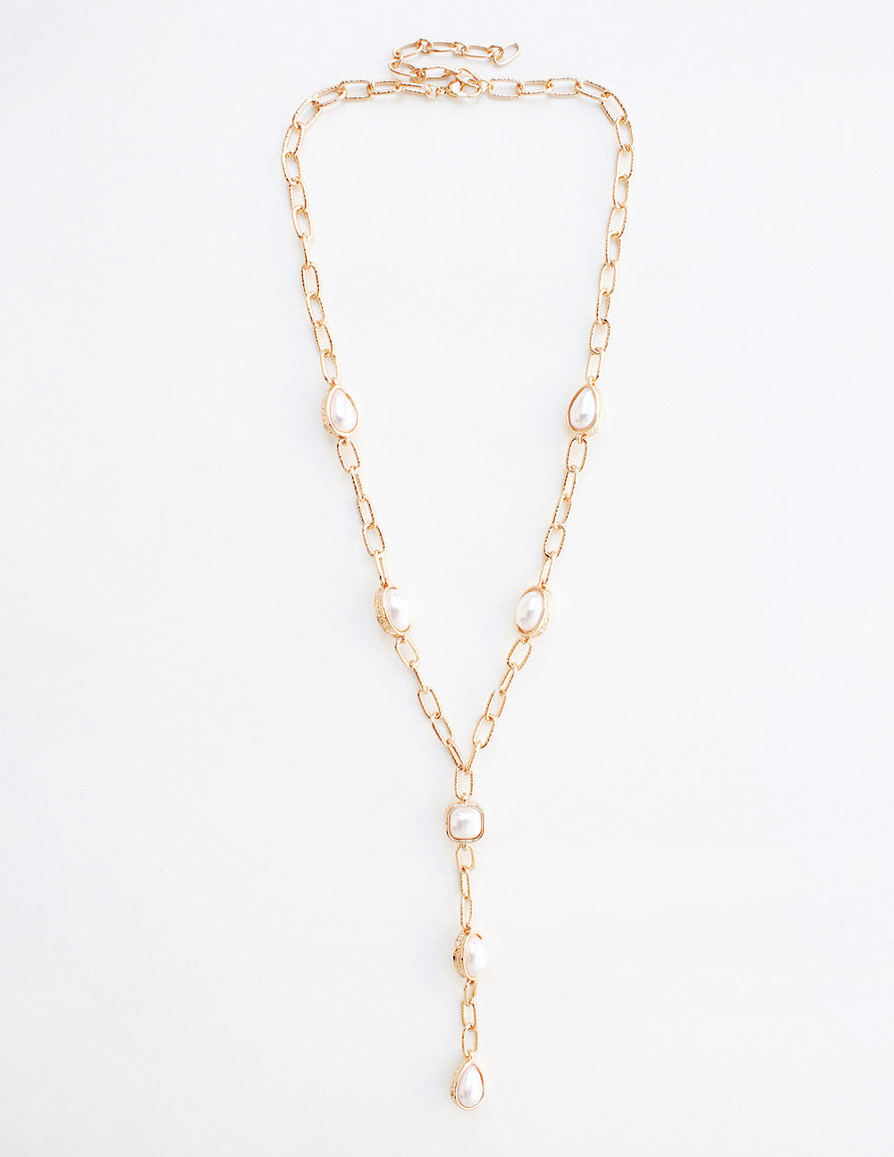 Gold Chain with Pearl Oval Y Drop Necklace
