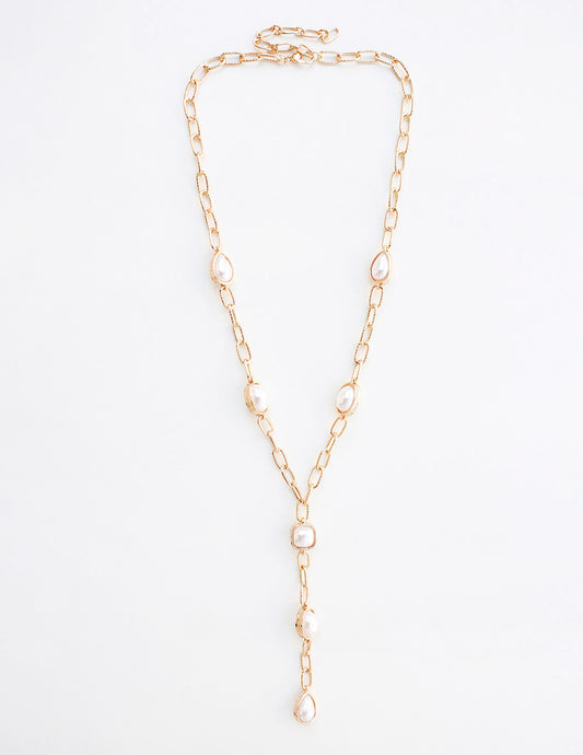 Gold Chain with Pearl Oval Y Drop Necklace