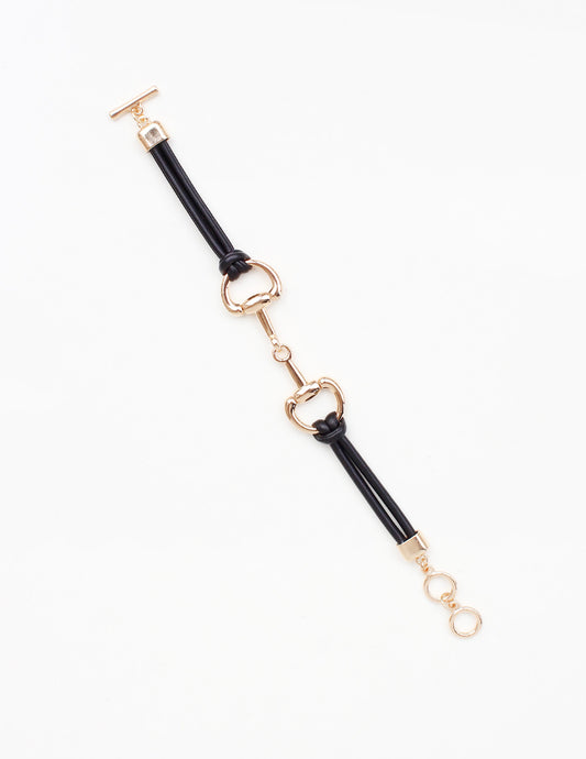 Black Leather Cord Bracelet with Gold Horse Bit Accents Toggle Bracelet
