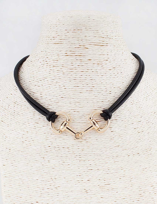 Black Leather Rope with Gold Horse Bit 16"-18" Necklace