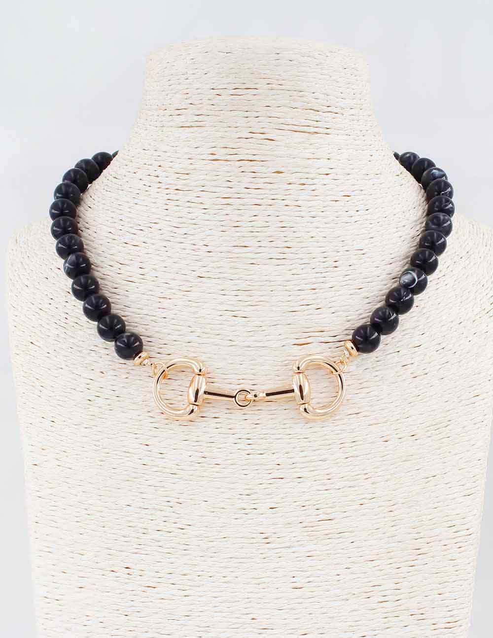 Black Beaded with Gold Horse Bit 16"-18" Necklace