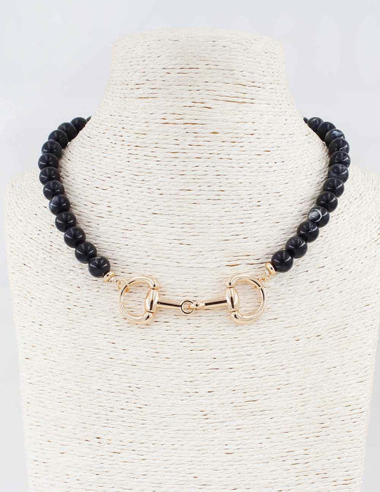 Black Beaded with Gold Horse Bit 16"-18" Necklace