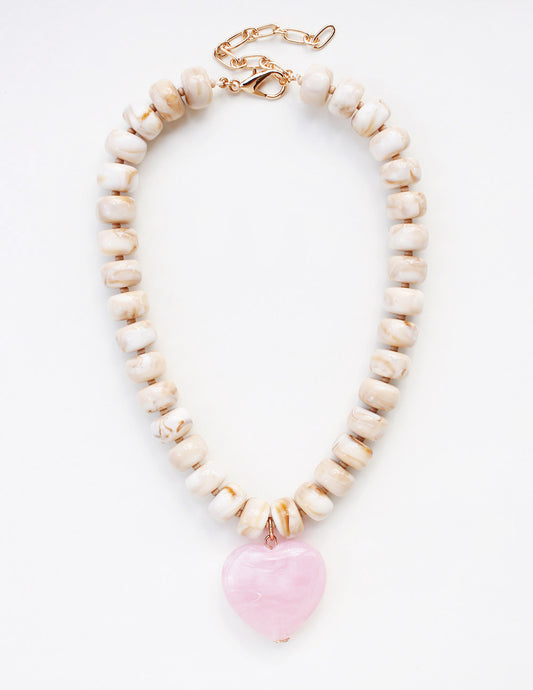Natural Acrylic Larged Beaded with Pink Heart 16"-18" Necklace