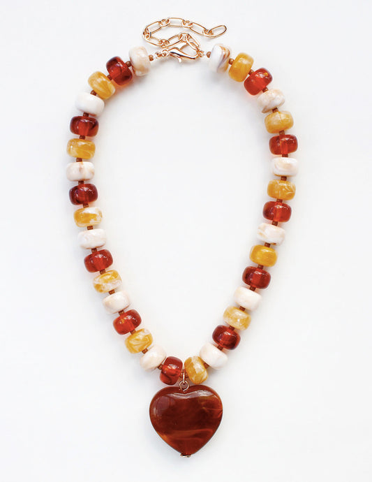 Multi Natural Acrylic Larged Beaded with Brown Heart 16"-18" Necklace