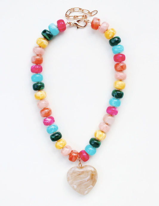 Bright Multi Acrylic Larged Beaded with Natural Heart 16"-18" Necklace