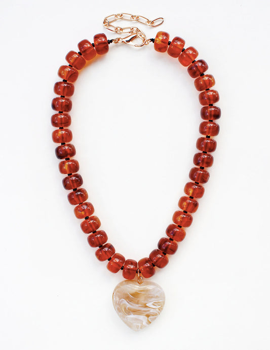Brown Acrylic Larged Beaded with Natural Heart 16"-18" Necklace