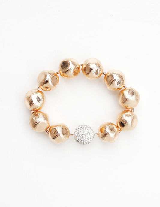 Textured Gold Beaded with Rhinestone Accent Stretch Bracelet