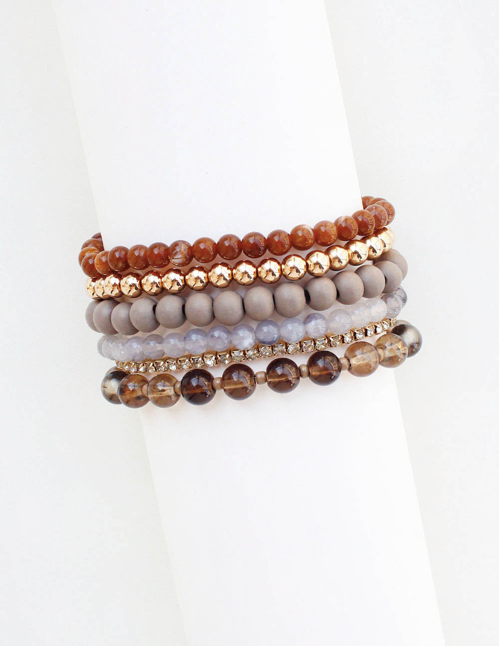 Set of 5 Brown and Grey Beaded Stretch Bracelets