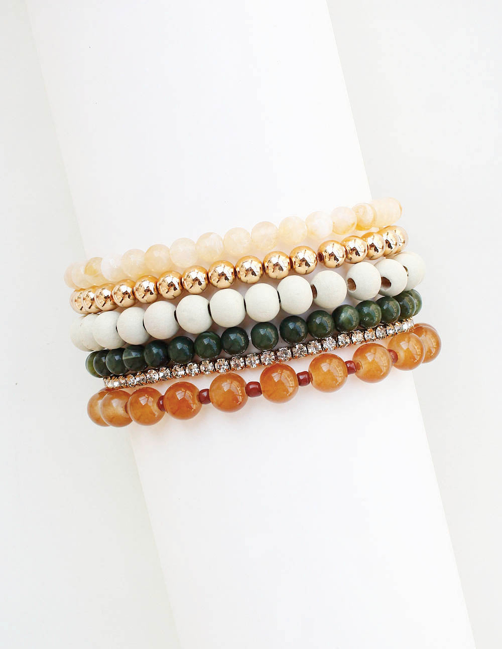 Set of 5 Natural and Green Beaded Stretch Bracelets