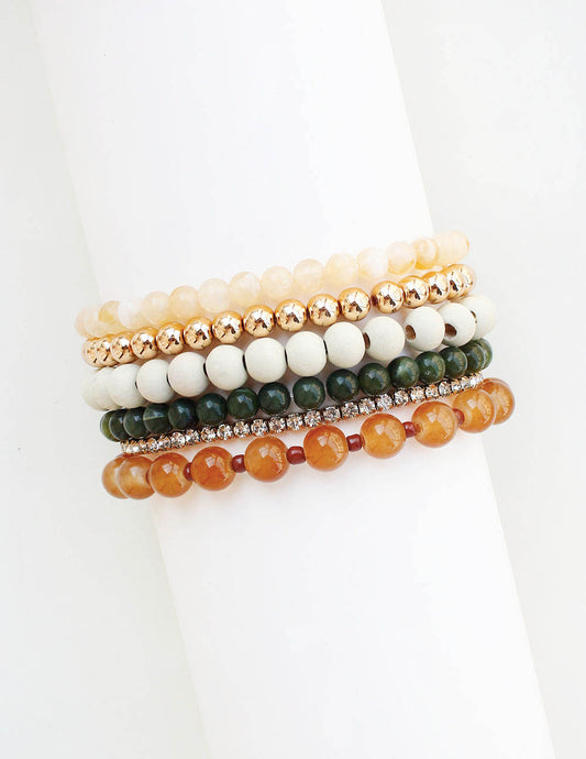 Set of 5 Natural and Green Beaded Stretch Bracelets