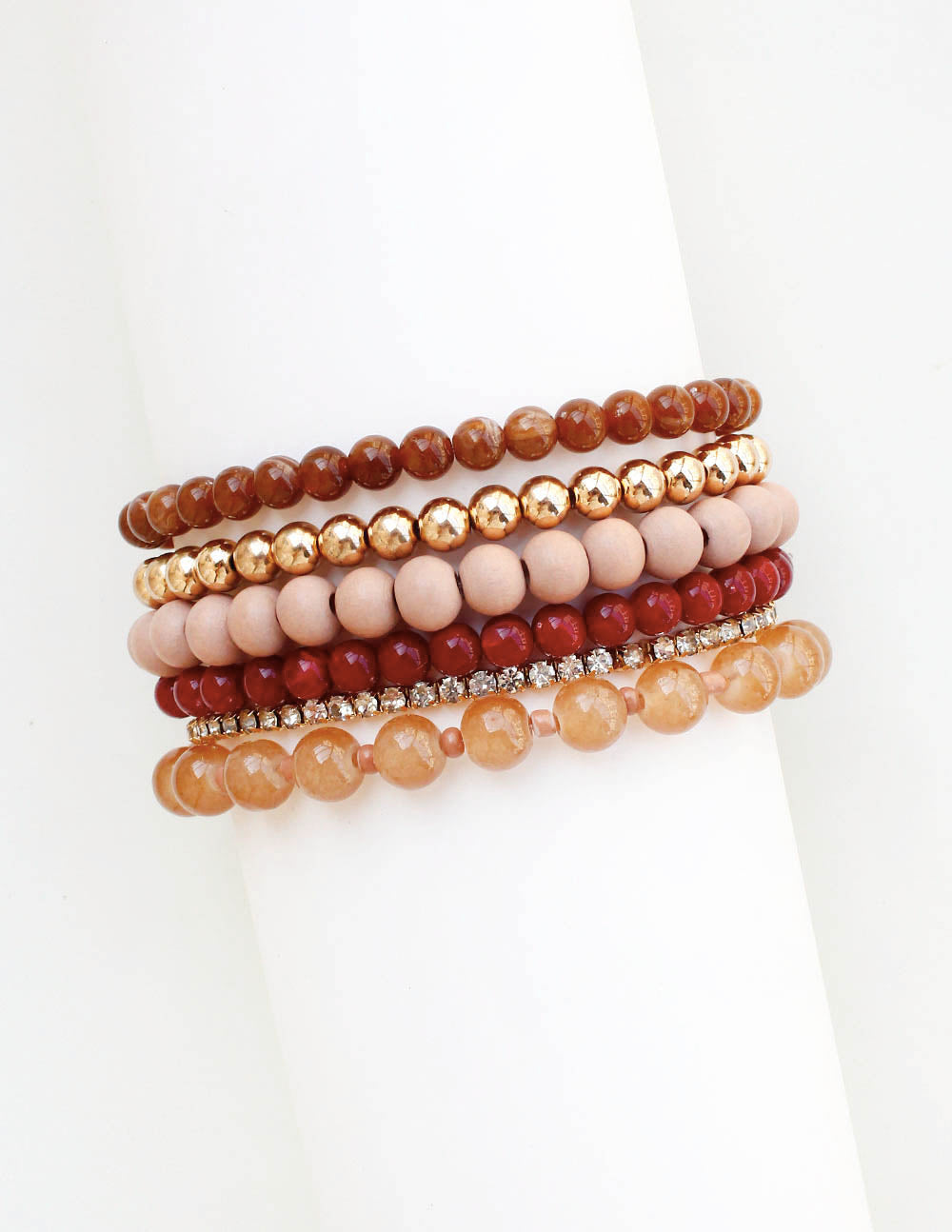 Set of 5 Brown and Rose Beaded Stretch Bracelets