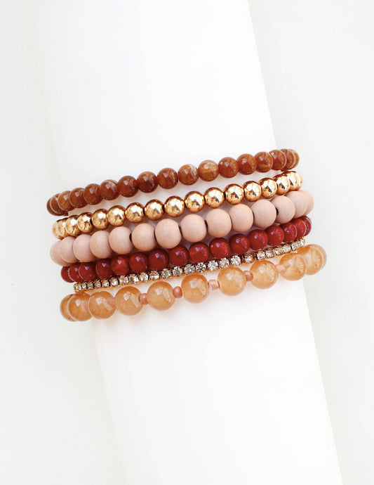Set of 5 Brown and Rose Beaded Stretch Bracelets