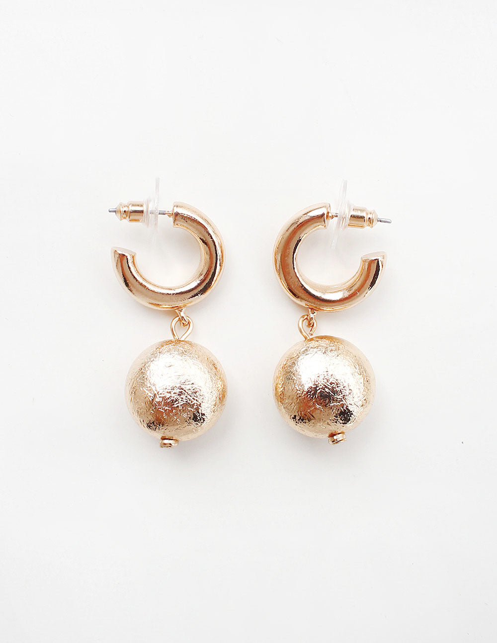 Gold Huggie Hoop with Textured Beaded Ball Accent 1.5" Earring