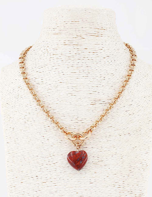 Gold Chain with Maroon Stone Heart 16"-18" Necklace