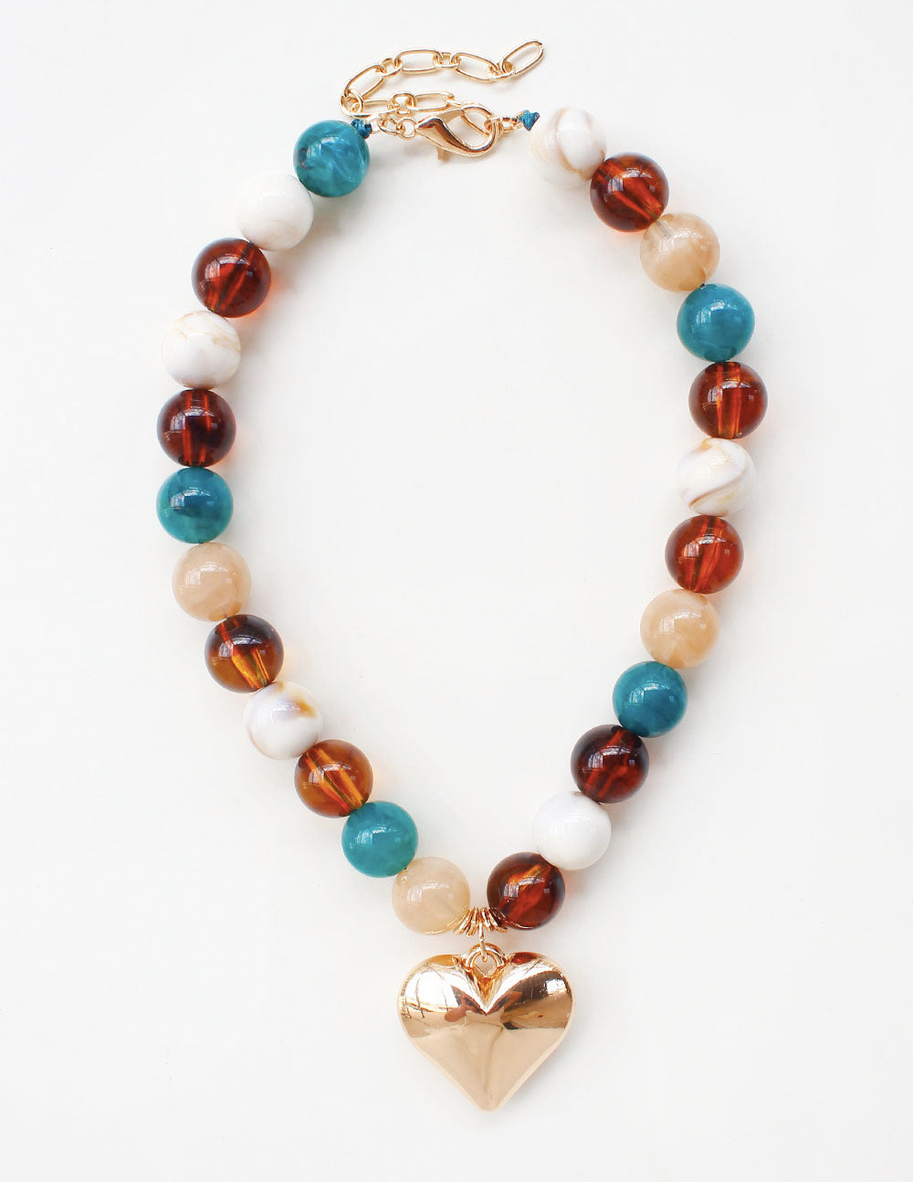 Dark Multi Large Acrylic Beaded with Gold Heart Charm 16"-18" Necklace