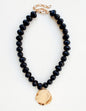 Black Chunky Beaded with Gold Hammered Coin Charm 16"-18" Necklace