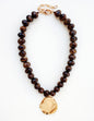 Brown Chunky Beaded with Gold Hammered Coin Charm 16"-18" Necklace