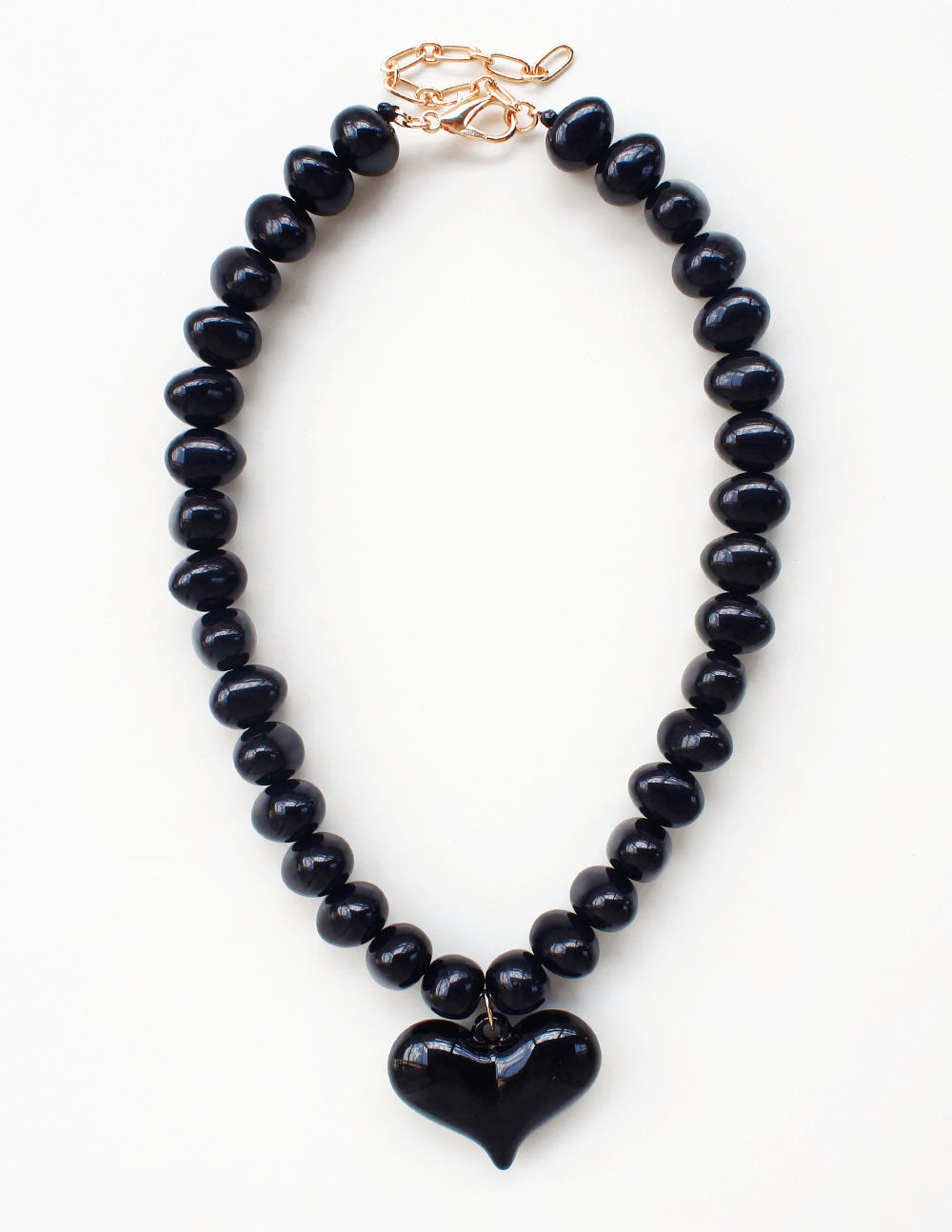 Black Chunky Beaded with Black Heart Charm 16"-18" Necklace