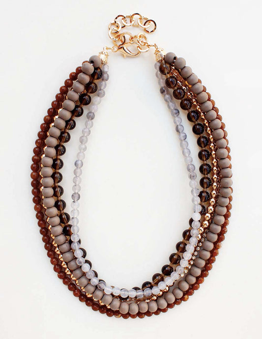 Multi Layered Grey Wood and Gold Beaded 16"-18" Necklace