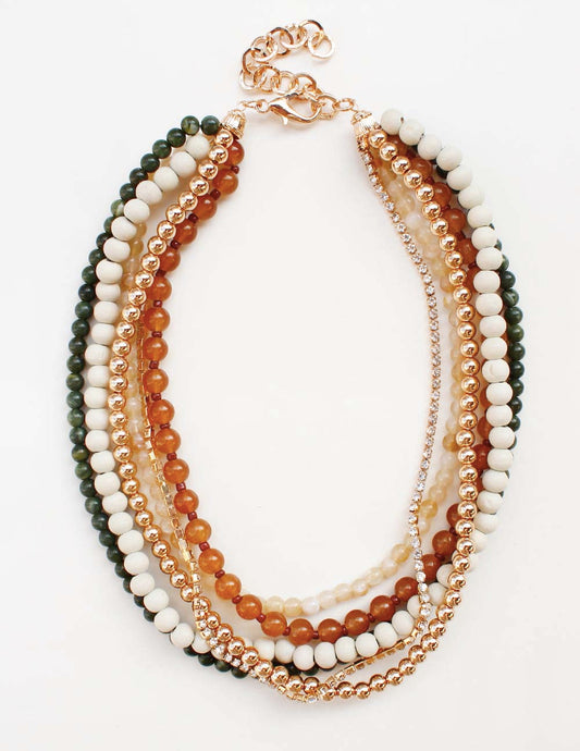 Multi Layered Natural/Green Wood and Gold Beaded 16"-18" Necklace