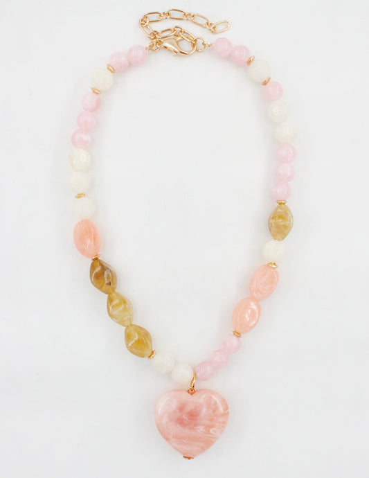 Pink, White, Cream Acrylic Beaded with Pink Heart Charm 16"-18" Necklace