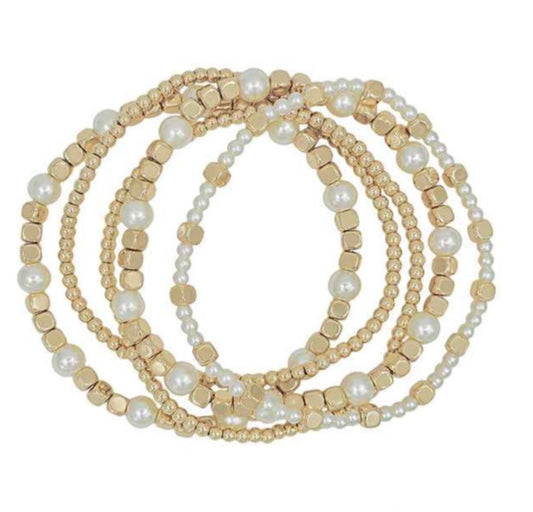Set of 5 Gold Beaded and Pearl Stretch Bracelet Set