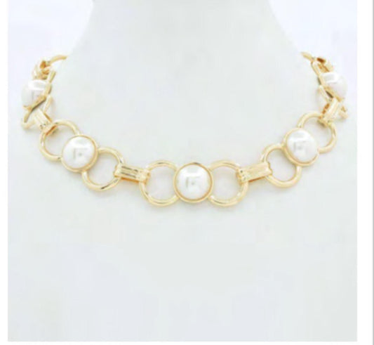 Gold Open Circles with Pearl 16"-18" Necklace